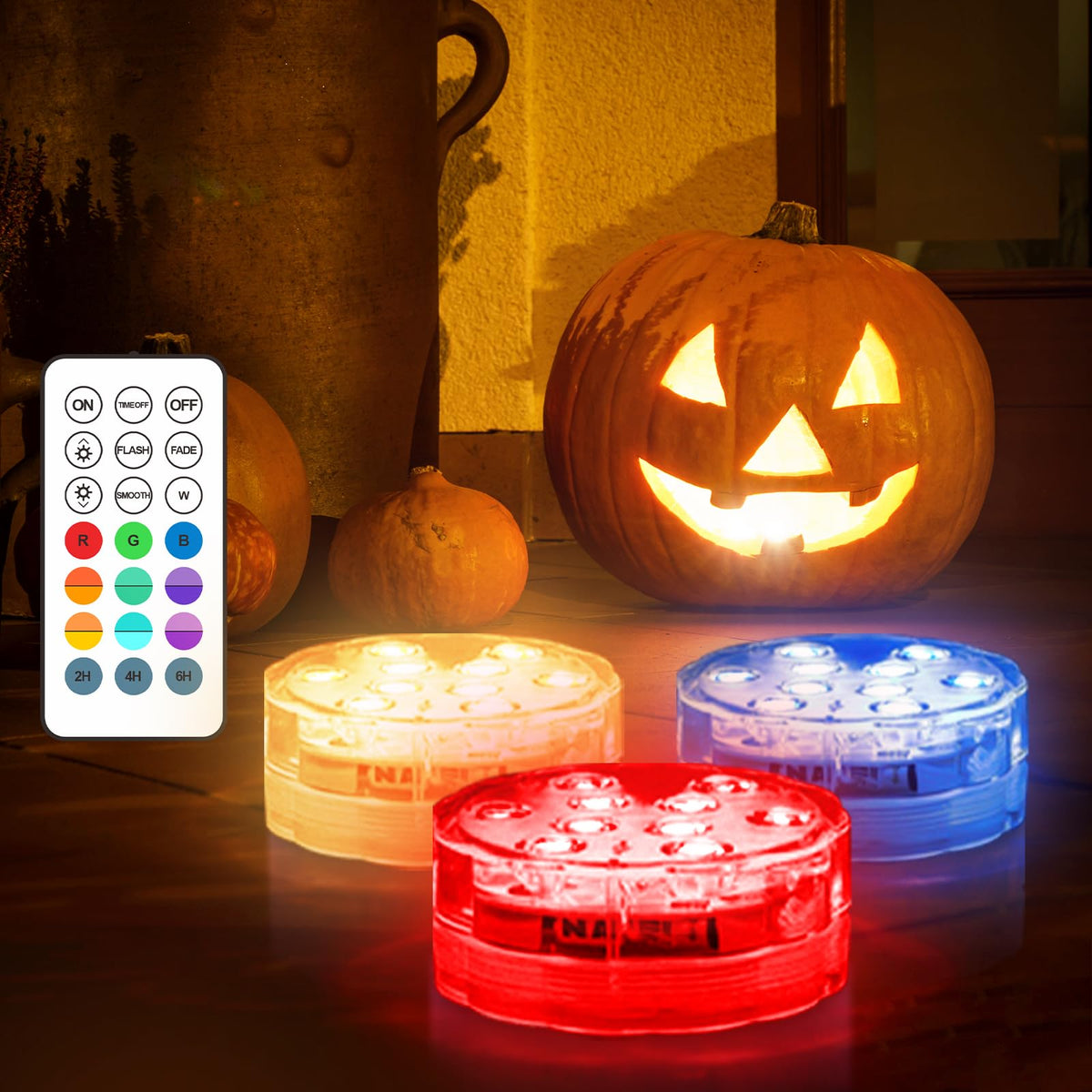 Pumpkin Lights with Remote, Battery Operated Jack O Lantern Lights for Pumpkins, Halloween Decor, Puck, Bathtub, Hot Tub, Party, 4 Pack