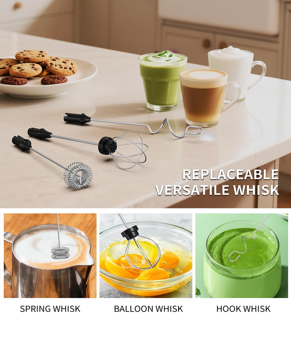 CIRCLE JOY Rechargeable Handheld Milk Frother Wand with Stand, 3 Variable Speeds, 3 Whisks and Storage Box, Electric Drink Mixer for Latte, Cappuccino, Hot Chocolate, Eggs and Protein Powder, Black
