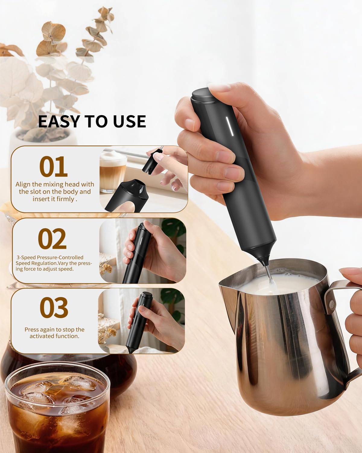 CIRCLE JOY Rechargeable Handheld Milk Frother Wand with Stand, 3 Variable Speeds, 3 Whisks and Storage Box, Electric Drink Mixer for Latte, Cappuccino, Hot Chocolate, Eggs and Protein Powder, Black
