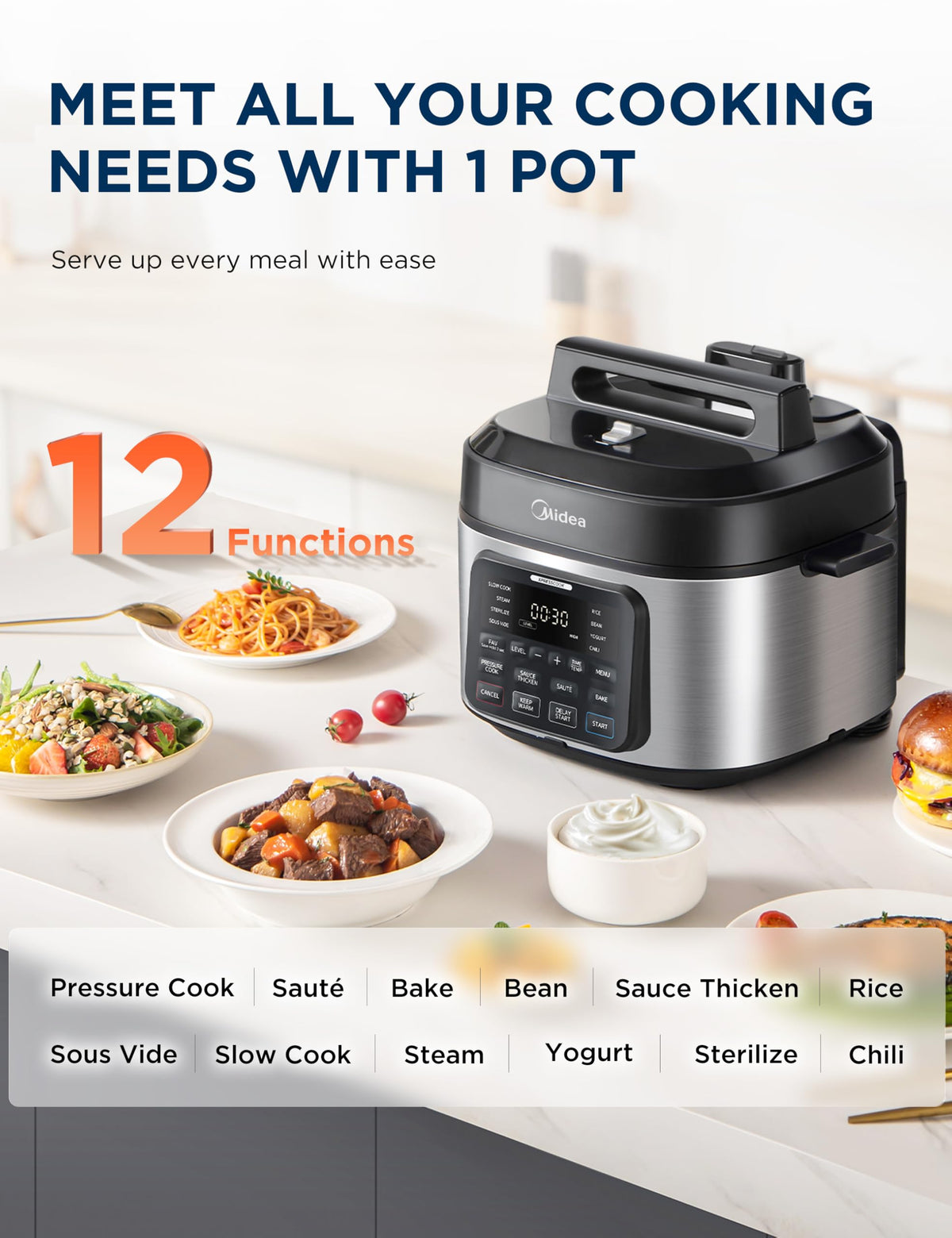 Midea 12-in-1 Electric Pressure Cooker, 6 Quarts, 12 Presets, Multi-Functional Programmable Slow Cooker, Rice Cooker, Steamer, Sauté Pan, Yogurt Maker, and More, Stainless Steel
