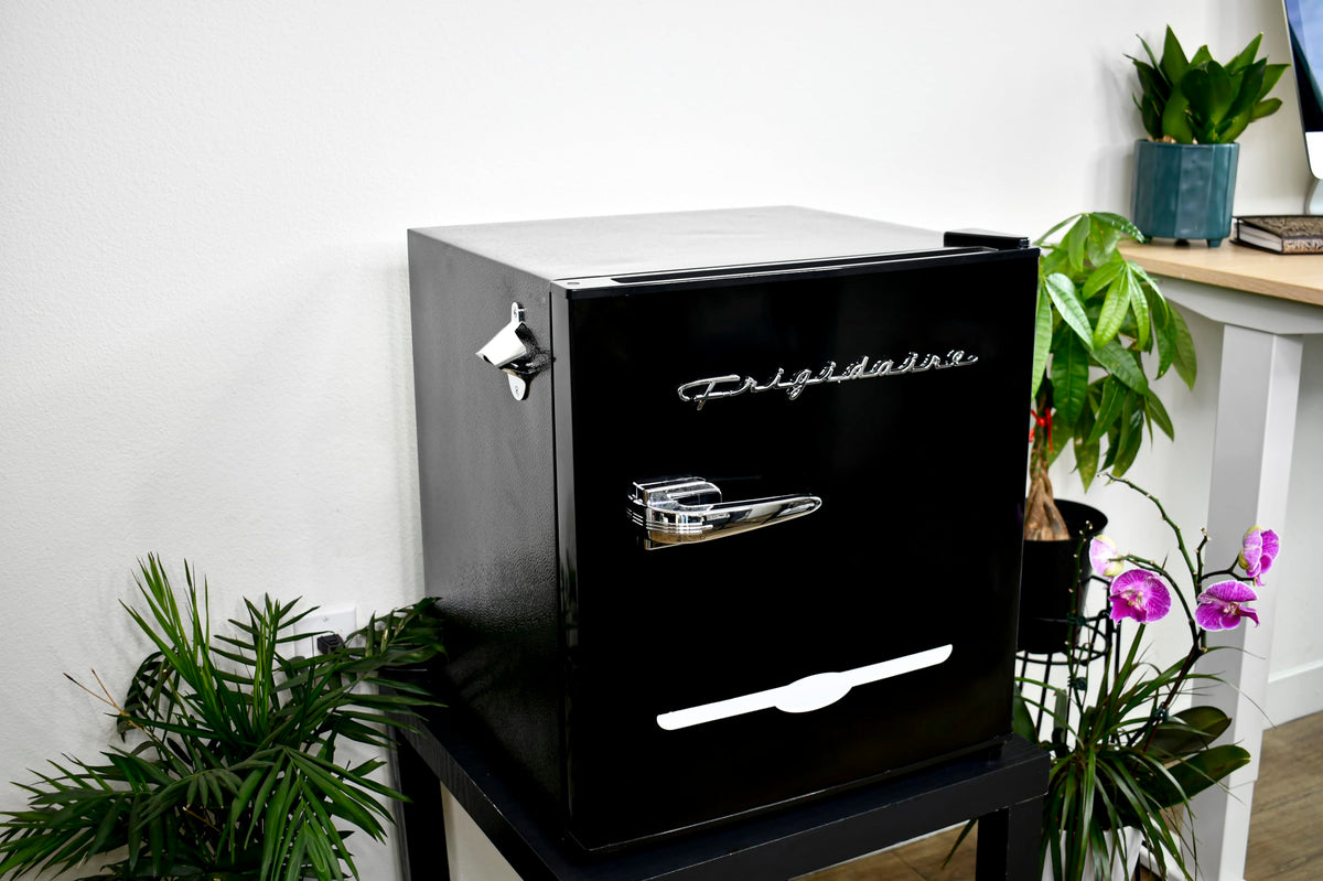 Frigidaire Retro Compact Fridge with Chiller, Countertop, Built-in Bottle Opener, Compact Refrigerator 1.6 cu ft, Mini Fridge for Office, Bedroom, Dorm Room or Cabin - 16" D x 18" W x 18.5" H (White)