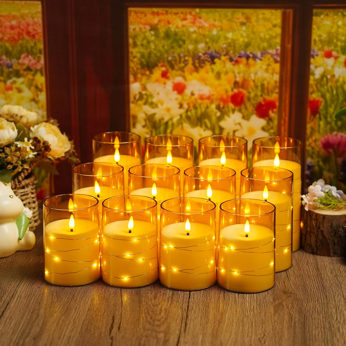 kakoya Flameless LED Candles with Timer 5 Pc Flickering Flameless Candles for Romantic Ambiance and Home Decoration Stable Acrylic Shell,with Embedded Star String，Battery Operated Candles（Grey）