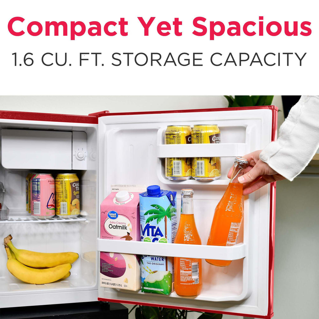 Frigidaire Retro Compact Fridge with Chiller, Countertop, Built-in Bottle Opener, Compact Refrigerator 1.6 cu ft, Mini Fridge for Office, Bedroom, Dorm Room or Cabin - 16" D x 18" W x 18.5" H (White)