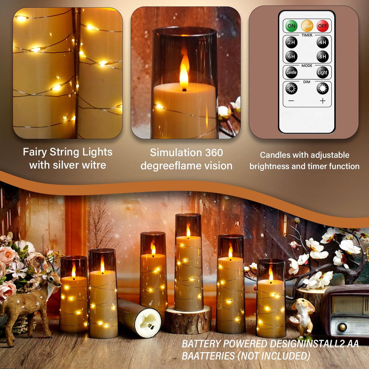 kakoya Flameless LED Candles with Timer 5 Pc Flickering Flameless Candles for Romantic Ambiance and Home Decoration Stable Acrylic Shell,with Embedded Star String，Battery Operated Candles（Grey）