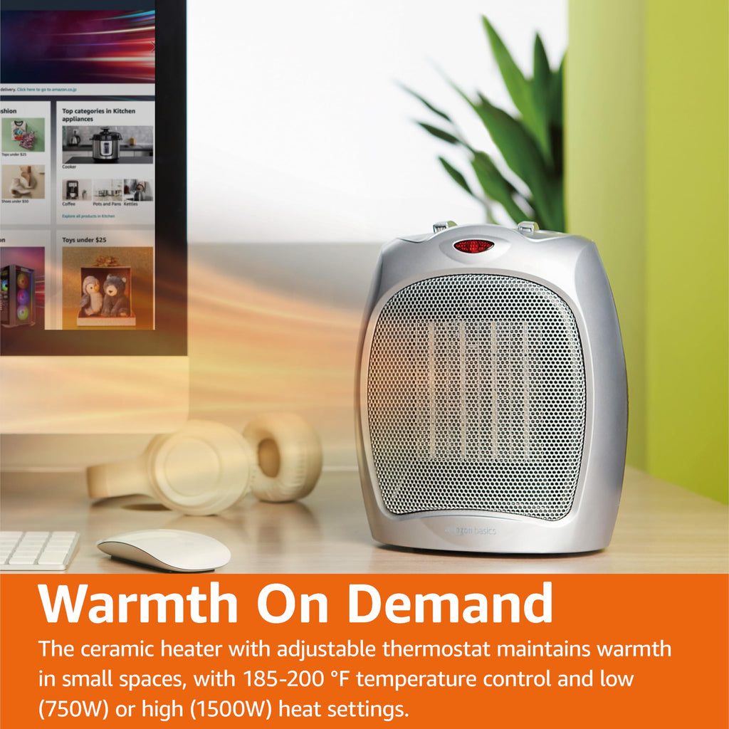 Amazon Basics Ceramic Space Heater, Portable Indoor Heating Solution, With Overheat and Tip-Over Protection, Thermostat, Non-Oscillating, 1500W, 7.52"D x 6.34"W x 9.45"H, Black