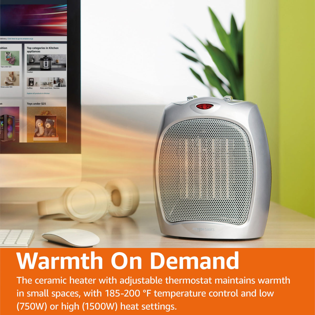 Amazon Basics Ceramic Space Heater, Portable Indoor Heating Solution, With Overheat and Tip-Over Protection, Thermostat, Non-Oscillating, 1500W, 7.52"D x 6.34"W x 9.45"H, Black
