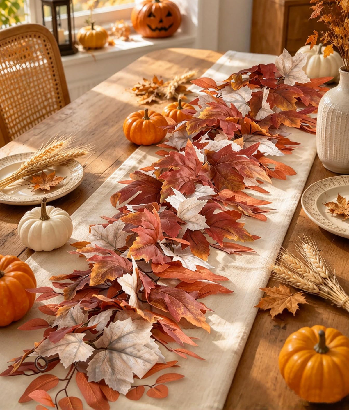 DearHouse 2 Pack Fall Garland Maple Leaf, 5.9Ft/Piece Hanging Vine Garland Artificial Autumn Foliage Garland Thanksgiving Decor for Home Wedding Fireplace Party Christmas (Green)