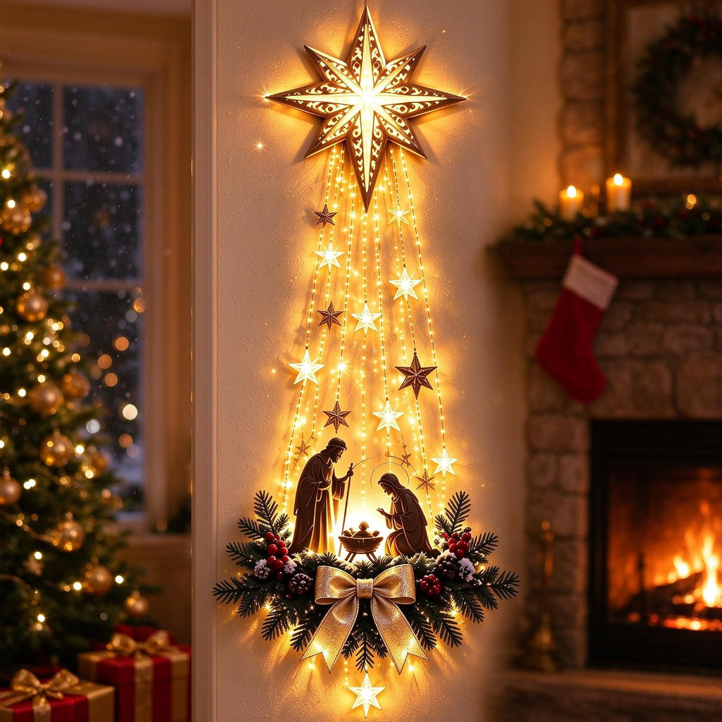 2027 New Bethlehem Star of Faith Lighted Nativity Wall Decor, Lighted Nativity Wall Decor, Led Bethlehem Star of Faith with Holy Family Scene And Warm Lights for Home, Fireplace & Entryway，1pc