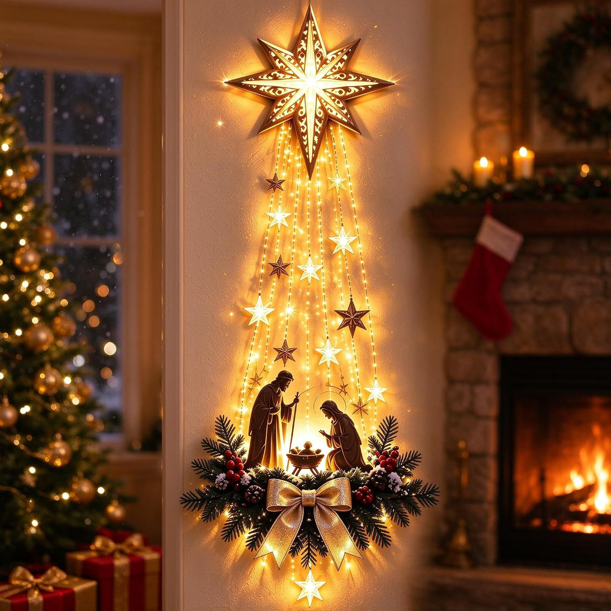 2027 New Bethlehem Star of Faith Lighted Nativity Wall Decor, Lighted Nativity Wall Decor, Led Bethlehem Star of Faith with Holy Family Scene And Warm Lights for Home, Fireplace & Entryway，1pc
