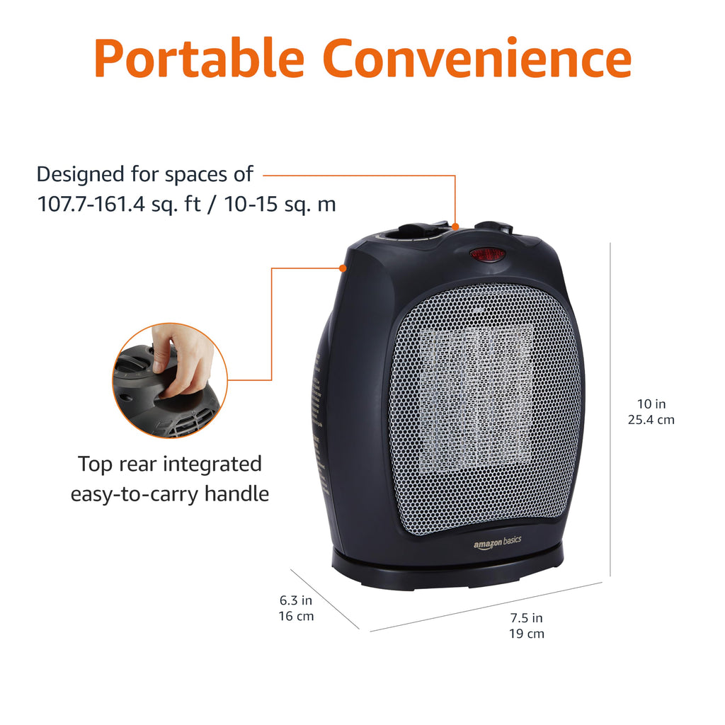 Amazon Basics Ceramic Space Heater, Portable Indoor Heating Solution, With Overheat and Tip-Over Protection, Thermostat, Non-Oscillating, 1500W, 7.52"D x 6.34"W x 9.45"H, Black