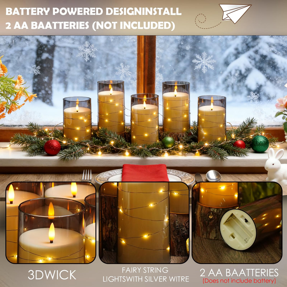 kakoya Flameless LED Candles with Timer 5 Pc Flickering Flameless Candles for Romantic Ambiance and Home Decoration Stable Acrylic Shell,with Embedded Star String，Battery Operated Candles（Grey）