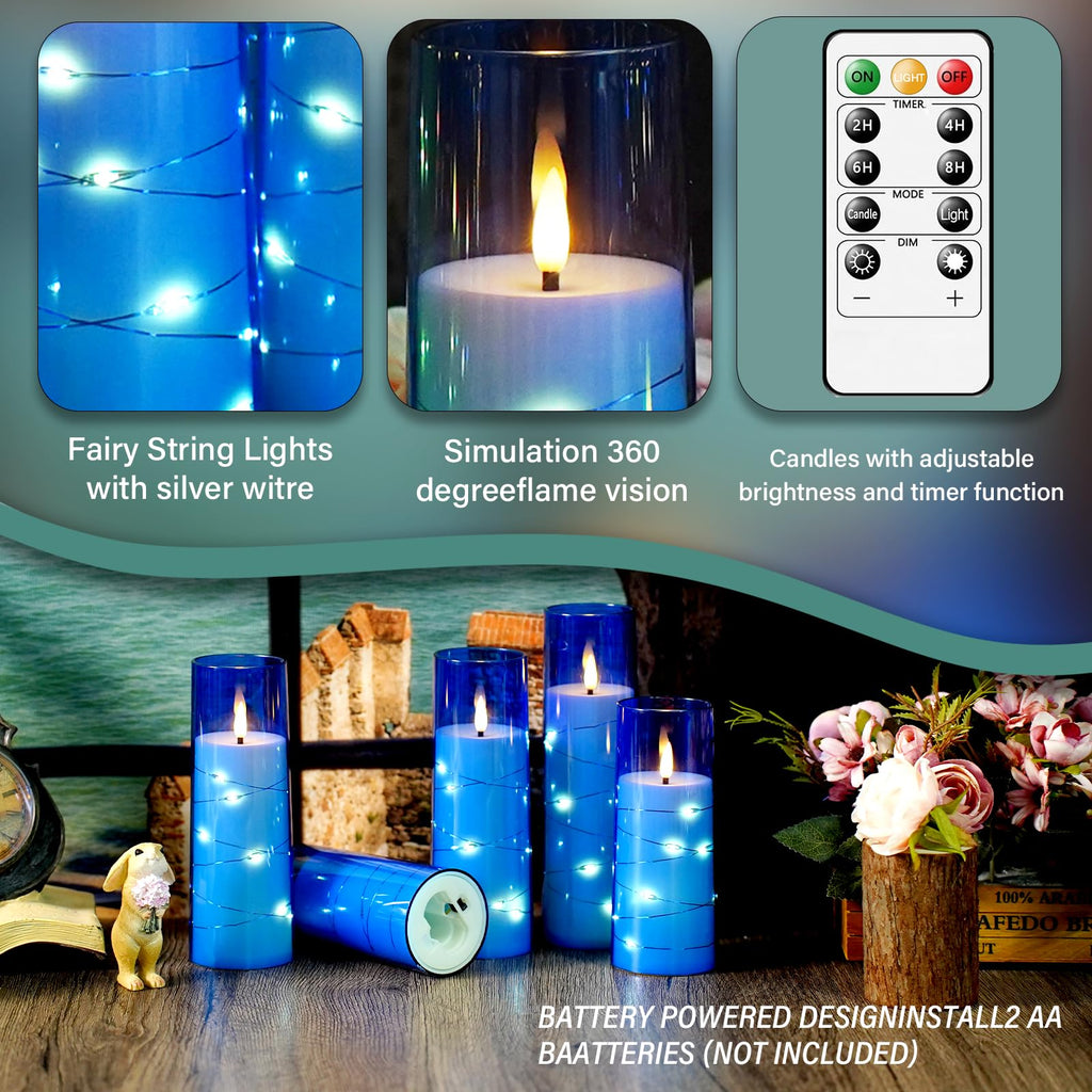 kakoya Flameless LED Candles with Timer 5 Pc Flickering Flameless Candles for Romantic Ambiance and Home Decoration Stable Acrylic Shell,with Embedded Star String，Battery Operated Candles（Grey）