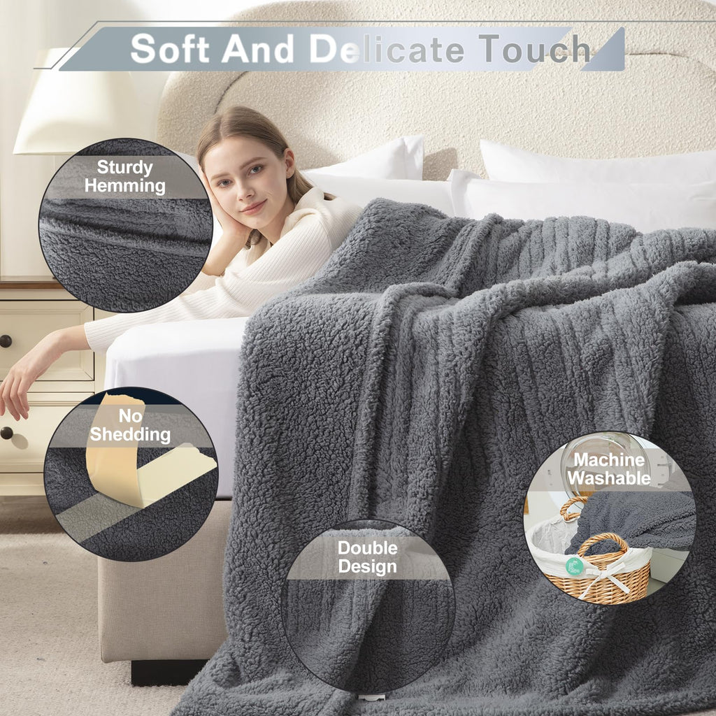 SNUGSUN Heated Blanket Throw Size, Soft and Cozy Electric Heating Blanket for Bed, Automatic Safety System 6 Heating Levels & 4 Hours Auto-Off Gift for Grandma,50" x 60" London Grey