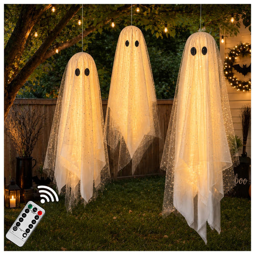 AYGXU Halloween Decorations Outdoor Indoor-5.3ft Hanging Ghost Decor with a Maple Leaf 6.6ft Swing,Ghost Light,Halloween Decor for Tree,Yard,Porch,Garden