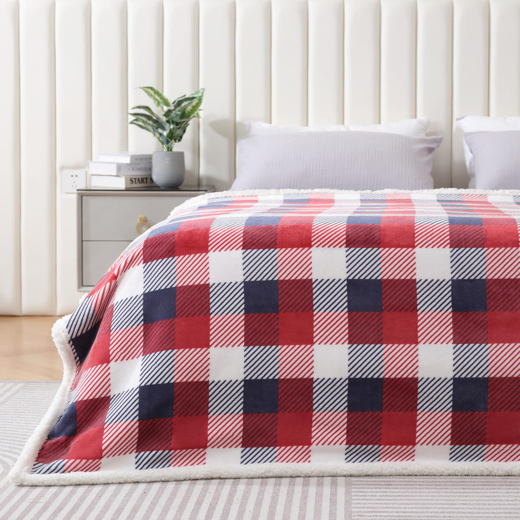 Touchat Sherpa Red and Black Buffalo Plaid Christmas Twin Blanket 60" X 70", Fuzzy Fluffy Soft Cozy Throw Blanket, Fleece Flannel Plush Microfiber Blanket for Couch Bed Sofa