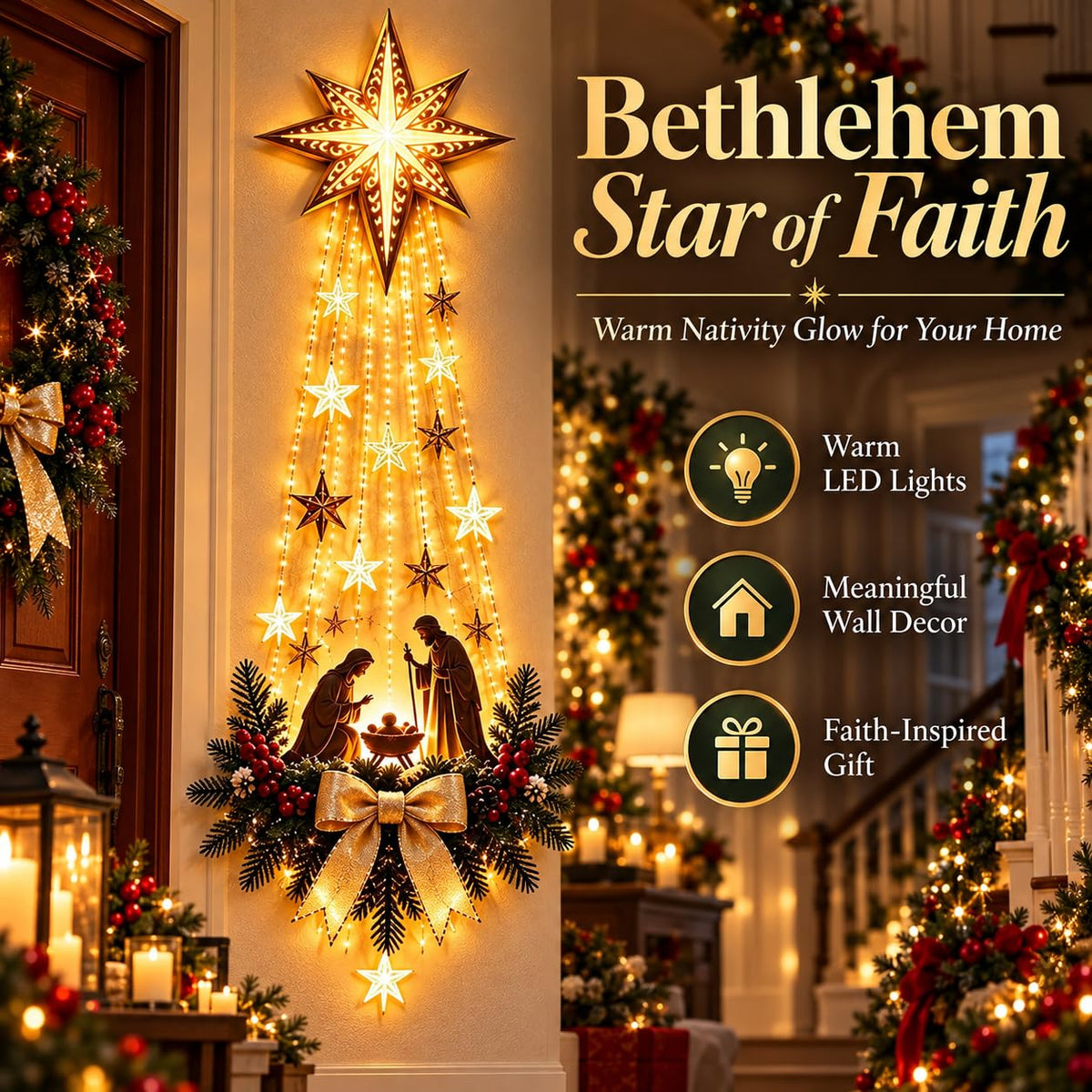 2027 New Bethlehem Star of Faith Lighted Nativity Wall Decor, Lighted Nativity Wall Decor, Led Bethlehem Star of Faith with Holy Family Scene And Warm Lights for Home, Fireplace & Entryway，1pc