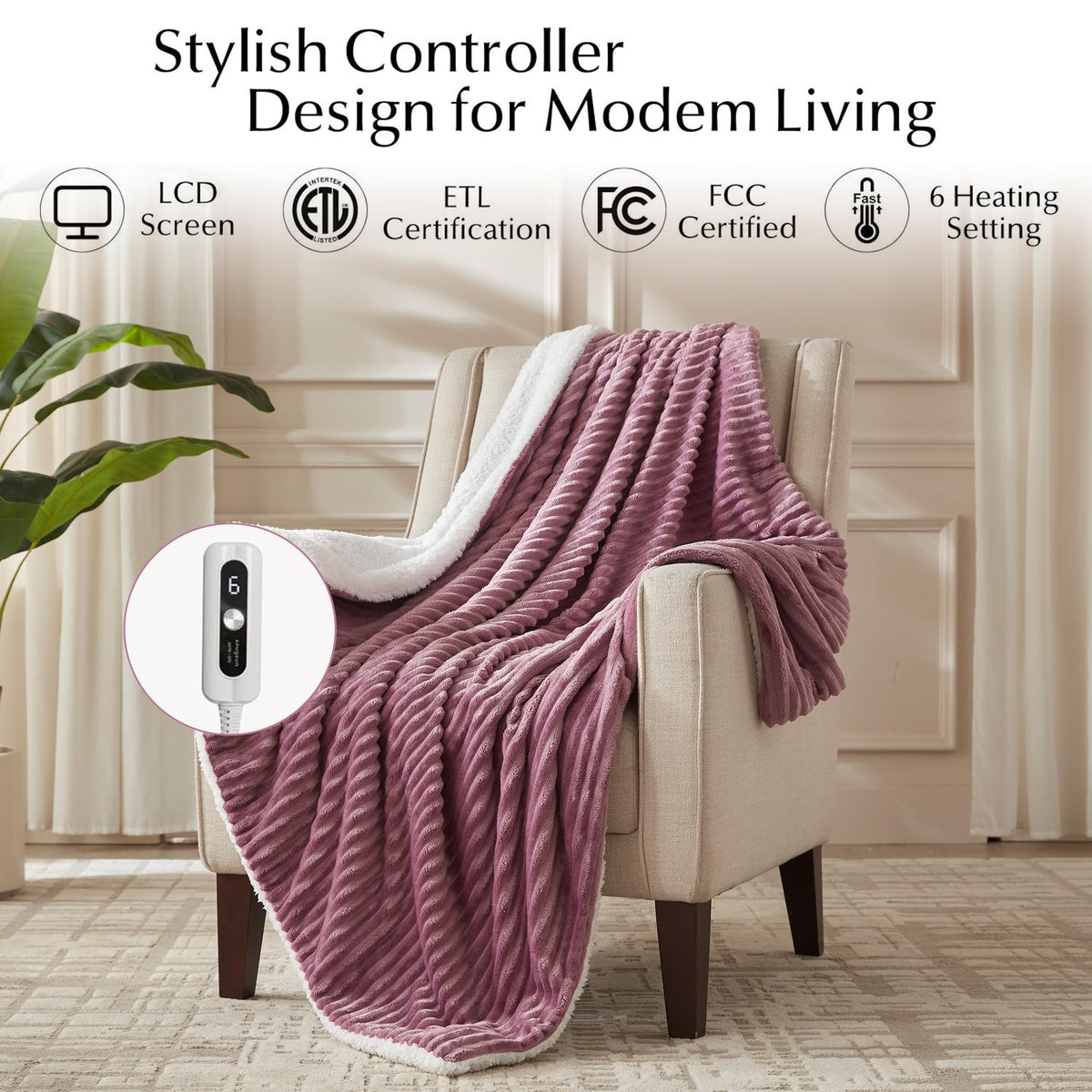 SNUGSUN Heated Blanket Throw Size, Soft and Cozy Electric Heating Blanket for Bed, Automatic Safety System 6 Heating Levels & 4 Hours Auto-Off Gift for Grandma,50" x 60" London Grey