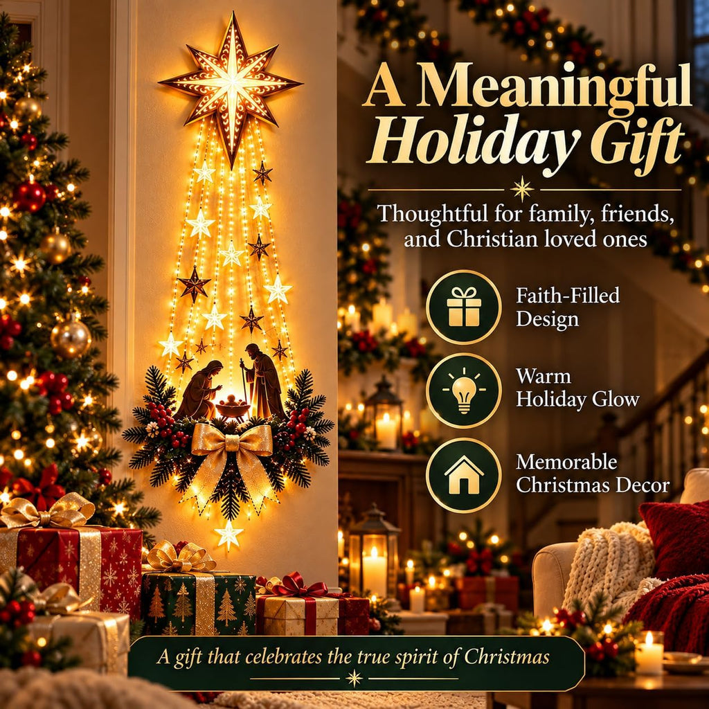 2027 New Bethlehem Star of Faith Lighted Nativity Wall Decor, Lighted Nativity Wall Decor, Led Bethlehem Star of Faith with Holy Family Scene And Warm Lights for Home, Fireplace & Entryway，1pc