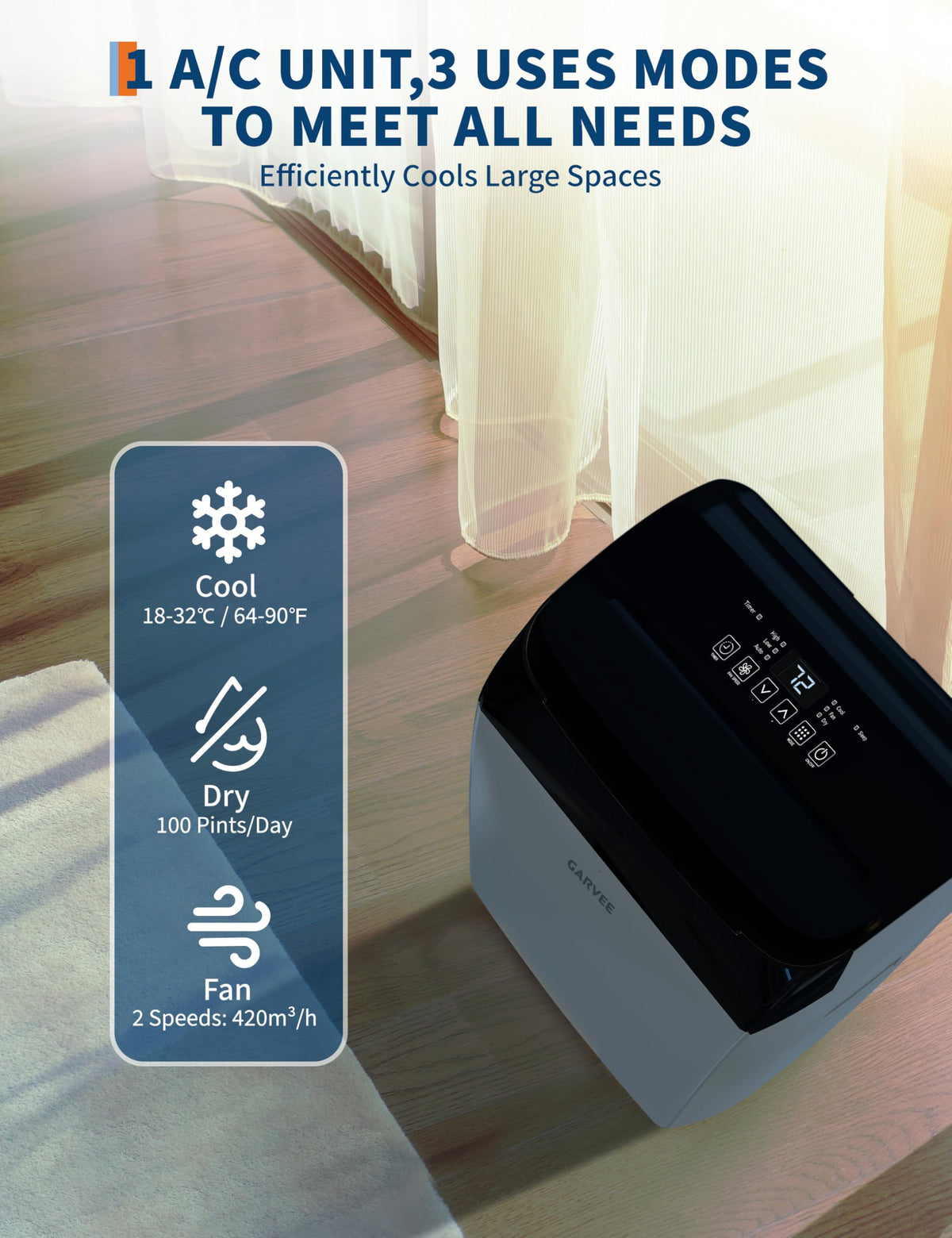 Garvee 3-in-1 Portable Air Conditioner, 14000 BTU (10200 BTU SACC) AC Unit