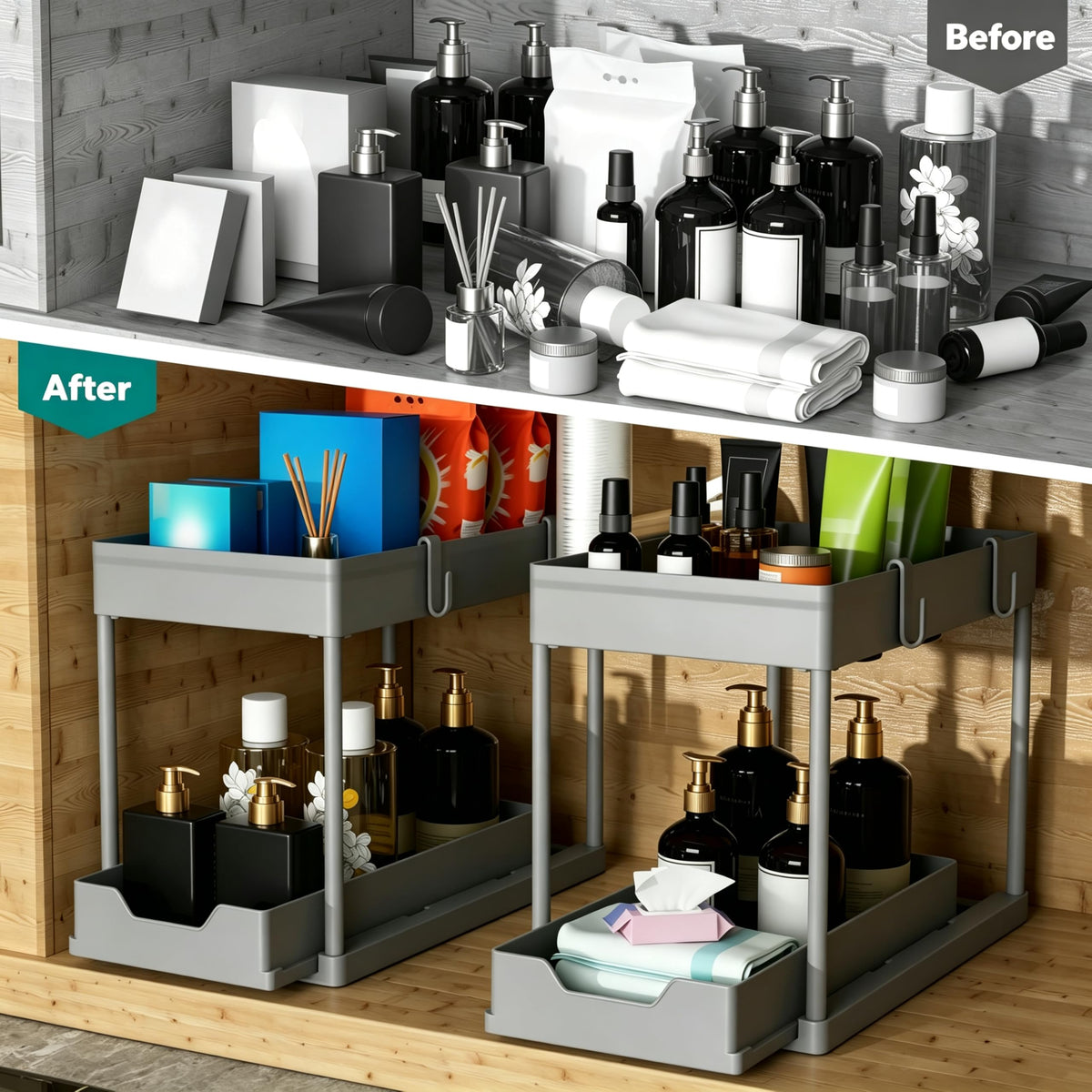DEKAVA Under Sink Organizer 2 Pack, Bathroom Cabinet Organizer, 2 Tier Sliding Cabinet Basket Organizer Drawer, Multi-Purpose Bath Collection Baskets for Bathroom (Black)