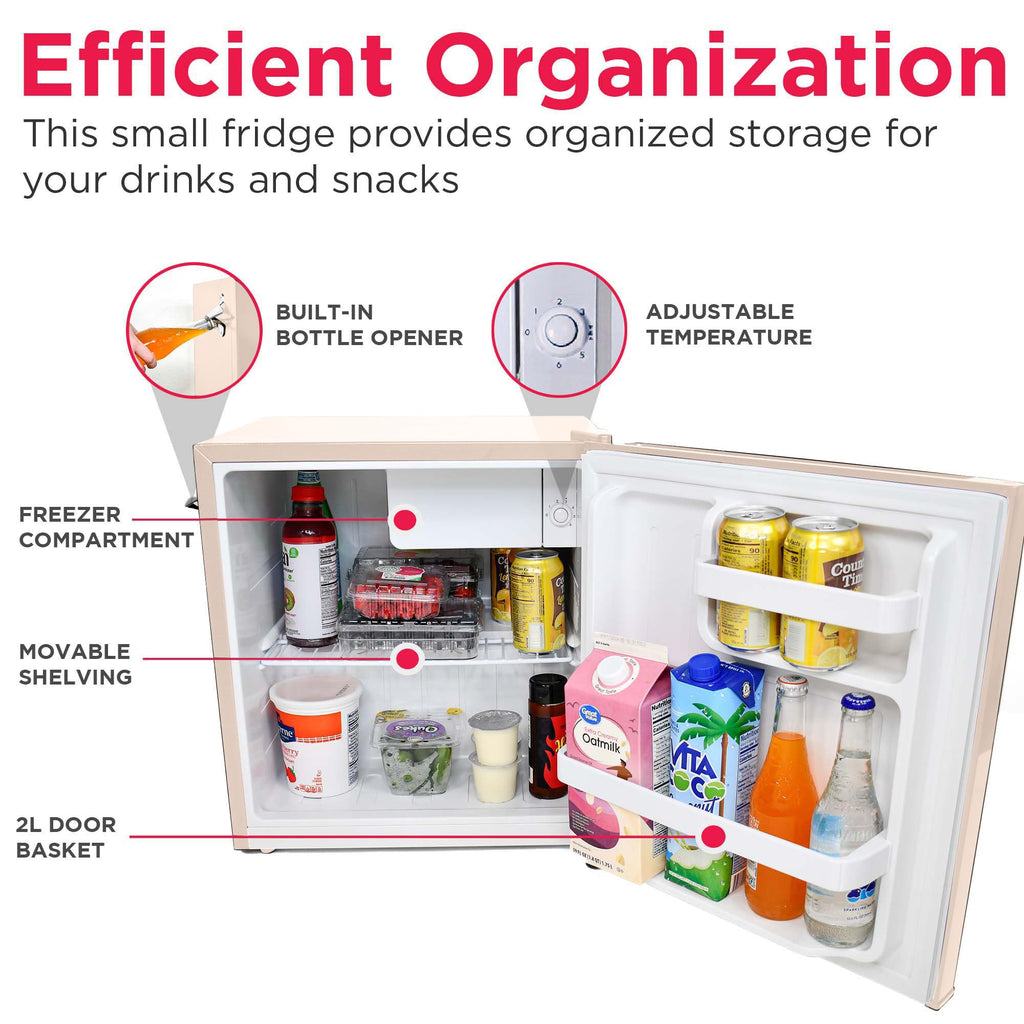 Frigidaire Retro Compact Fridge with Chiller, Countertop, Built-in Bottle Opener, Compact Refrigerator 1.6 cu ft, Mini Fridge for Office, Bedroom, Dorm Room or Cabin - 16" D x 18" W x 18.5" H (White)