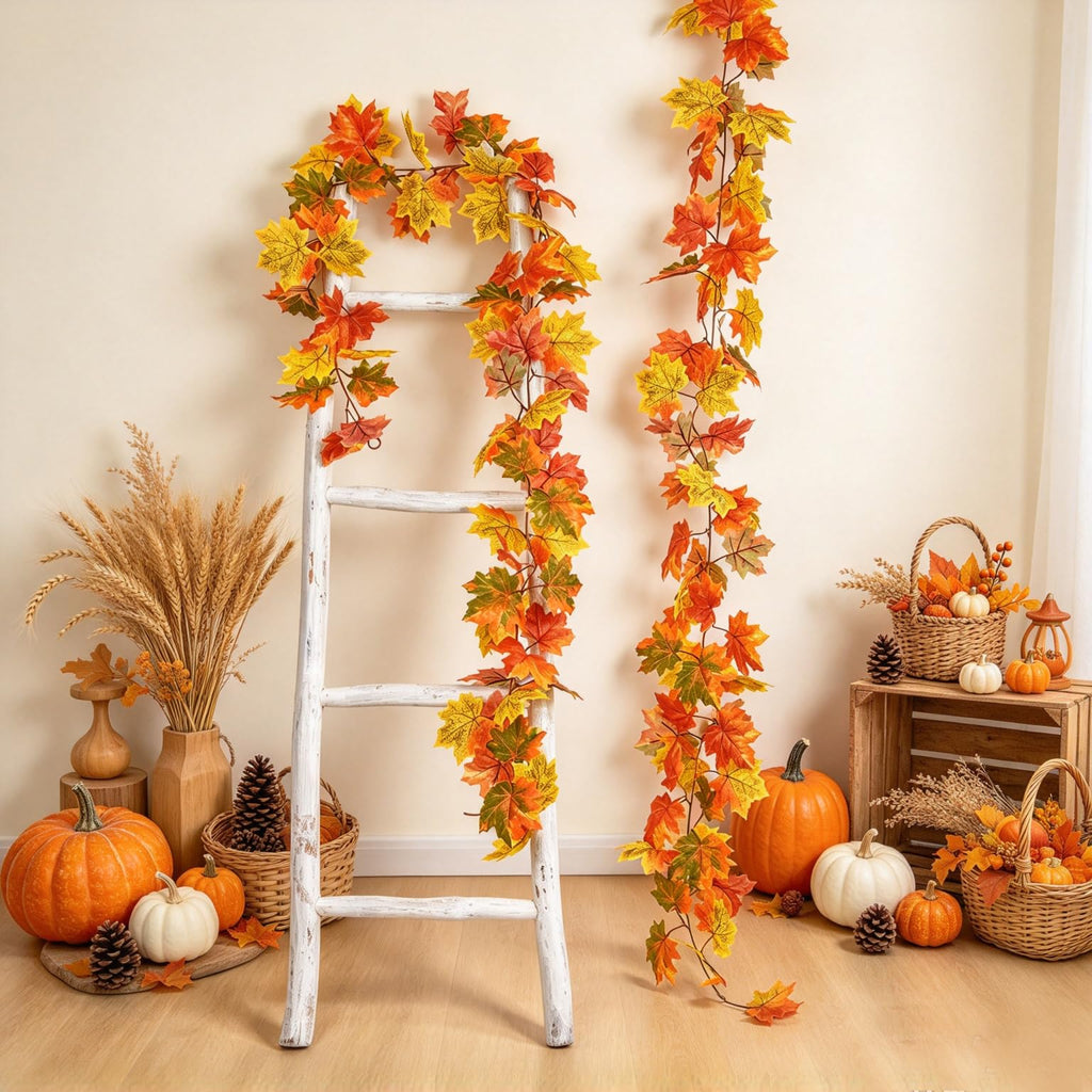 DearHouse 2 Pack Fall Garland Maple Leaf, 5.9Ft/Piece Hanging Vine Garland Artificial Autumn Foliage Garland Thanksgiving Decor for Home Wedding Fireplace Party Christmas (Green)