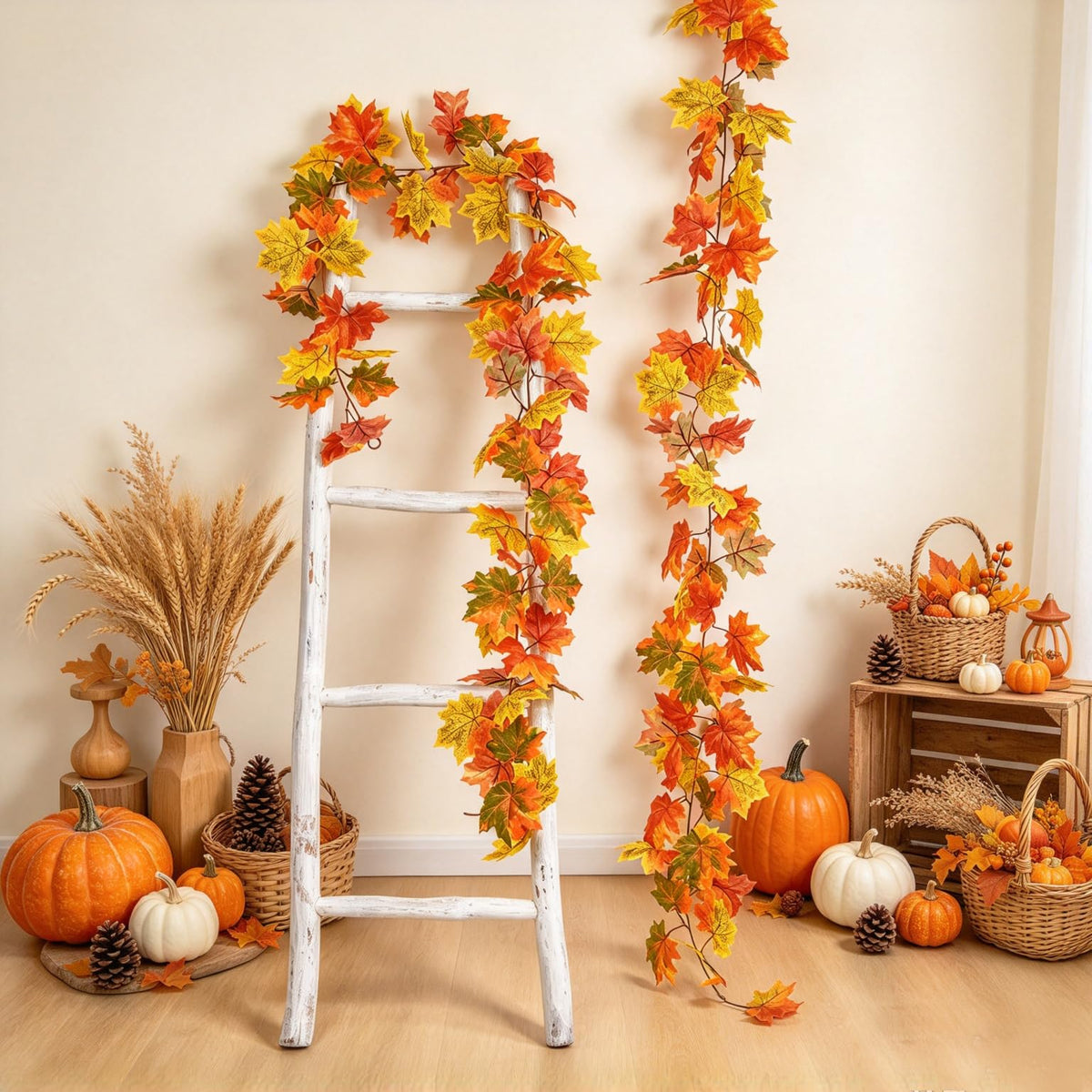 DearHouse 2 Pack Fall Garland Maple Leaf, 5.9Ft/Piece Hanging Vine Garland Artificial Autumn Foliage Garland Thanksgiving Decor for Home Wedding Fireplace Party Christmas (Green)