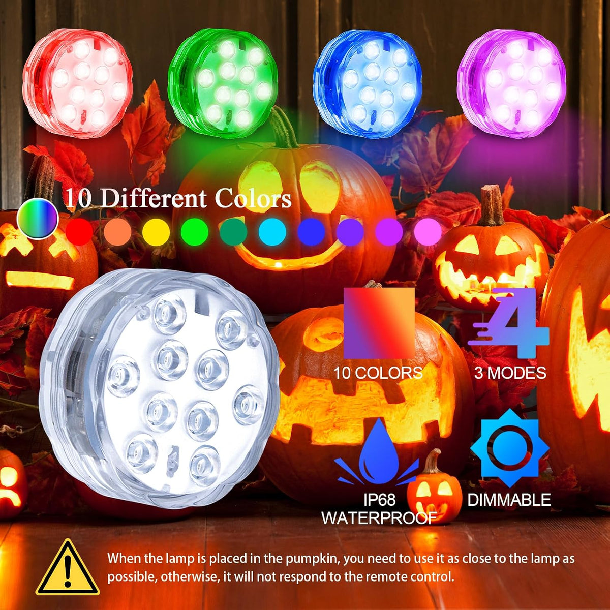 Pumpkin Lights with Remote, Battery Operated Jack O Lantern Lights for Pumpkins, Halloween Decor, Puck, Bathtub, Hot Tub, Party, 4 Pack