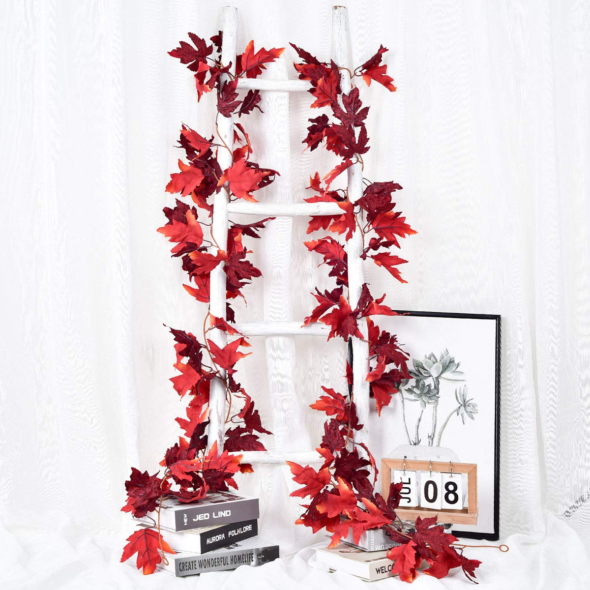 DearHouse 2 Pack Fall Garland Maple Leaf, 5.9Ft/Piece Hanging Vine Garland Artificial Autumn Foliage Garland Thanksgiving Decor for Home Wedding Fireplace Party Christmas (Green)