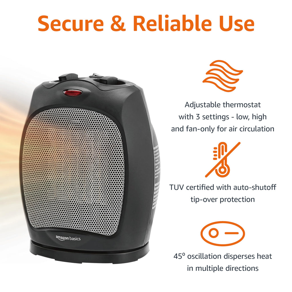 Amazon Basics Ceramic Space Heater, Portable Indoor Heating Solution, With Overheat and Tip-Over Protection, Thermostat, Non-Oscillating, 1500W, 7.52"D x 6.34"W x 9.45"H, Black