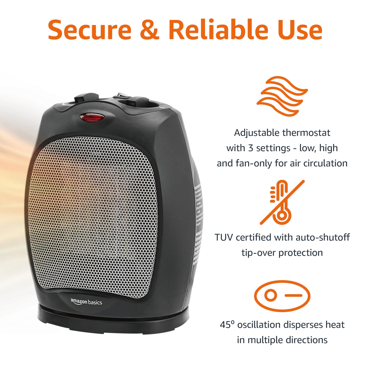 Amazon Basics Ceramic Space Heater, Portable Indoor Heating Solution, With Overheat and Tip-Over Protection, Thermostat, Non-Oscillating, 1500W, 7.52"D x 6.34"W x 9.45"H, Black