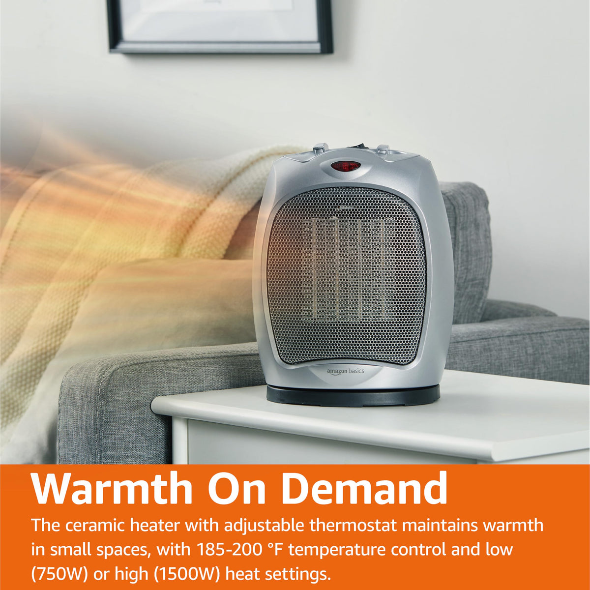 Amazon Basics Ceramic Space Heater, Portable Indoor Heating Solution, With Overheat and Tip-Over Protection, Thermostat, Non-Oscillating, 1500W, 7.52"D x 6.34"W x 9.45"H, Black