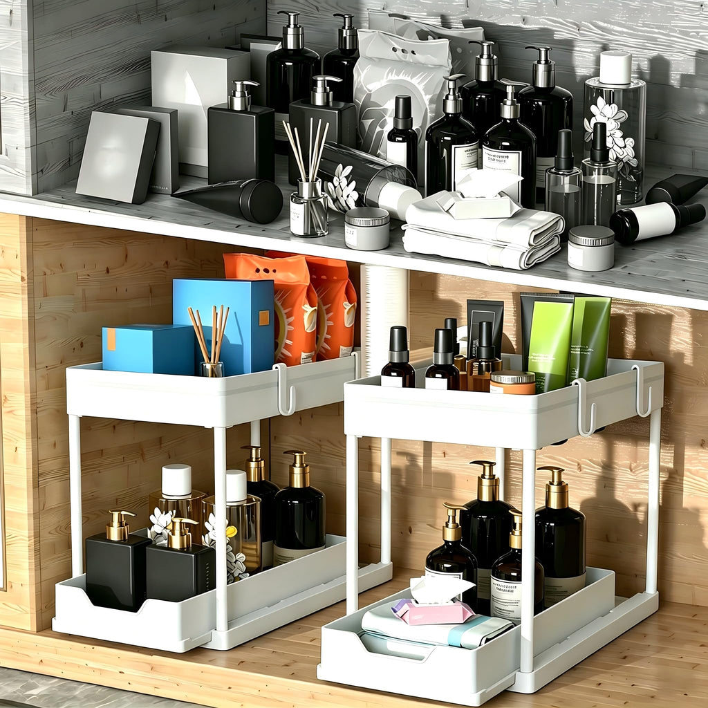 DEKAVA Under Sink Organizer 2 Pack, Bathroom Cabinet Organizer, 2 Tier Sliding Cabinet Basket Organizer Drawer, Multi-Purpose Bath Collection Baskets for Bathroom (Black)