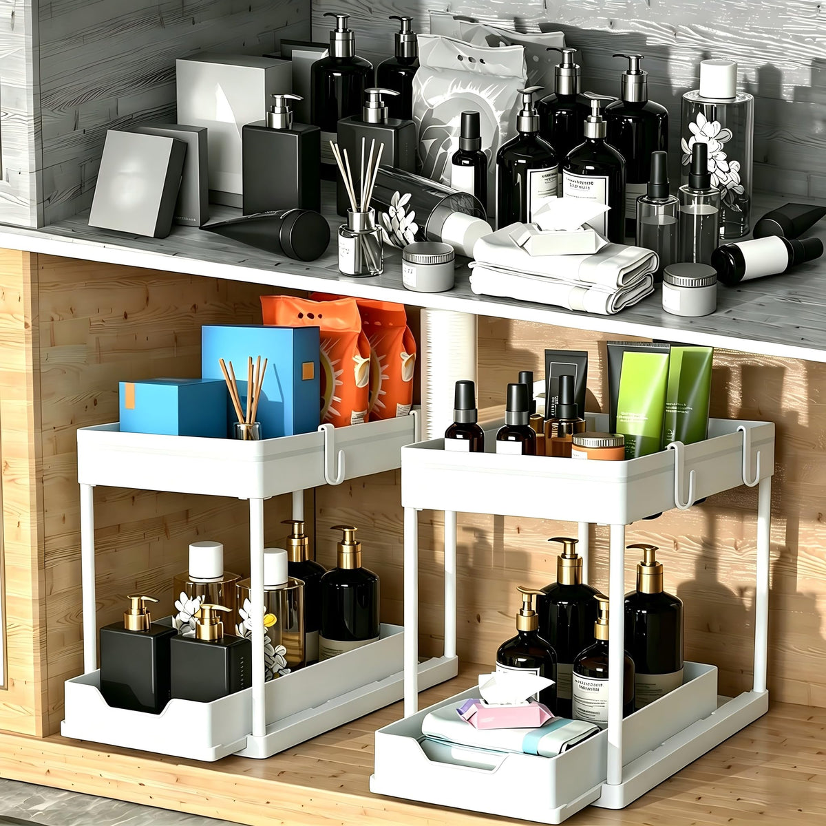 DEKAVA Under Sink Organizer 2 Pack, Bathroom Cabinet Organizer, 2 Tier Sliding Cabinet Basket Organizer Drawer, Multi-Purpose Bath Collection Baskets for Bathroom (Black)