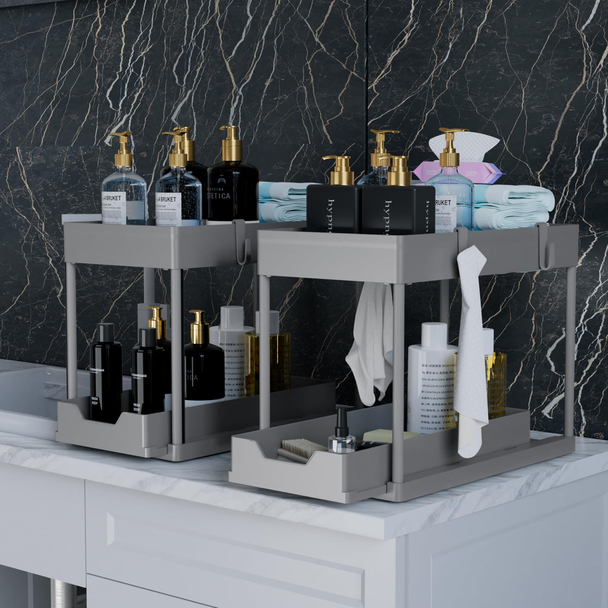 DEKAVA Under Sink Organizer 2 Pack, Bathroom Cabinet Organizer, 2 Tier Sliding Cabinet Basket Organizer Drawer, Multi-Purpose Bath Collection Baskets for Bathroom (Black)