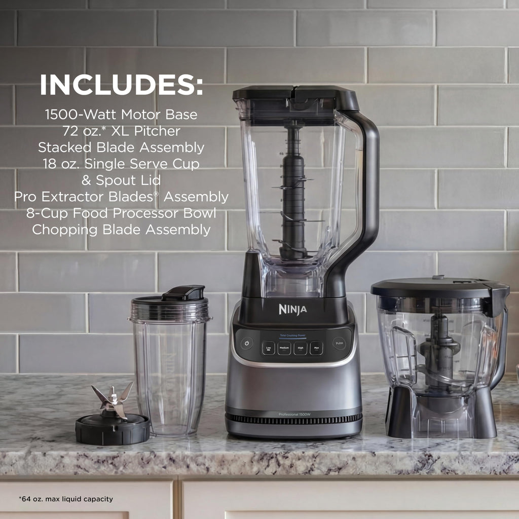 Ninja Kitchen System Pro, 1500W, 72oz Pitcher, 8-Cup, Black, BL770