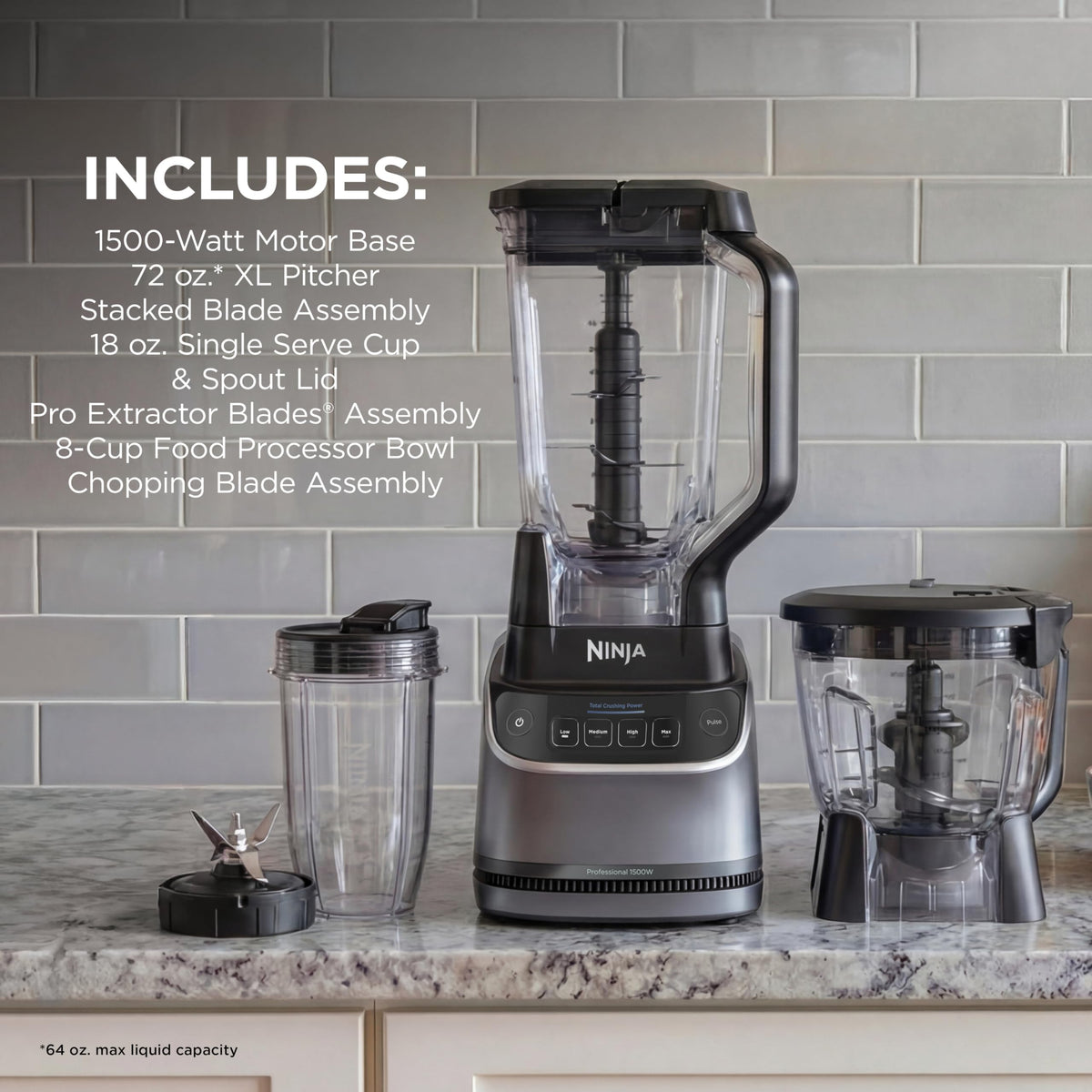 Ninja Kitchen System Pro, 1500W, 72oz Pitcher, 8-Cup, Black, BL770