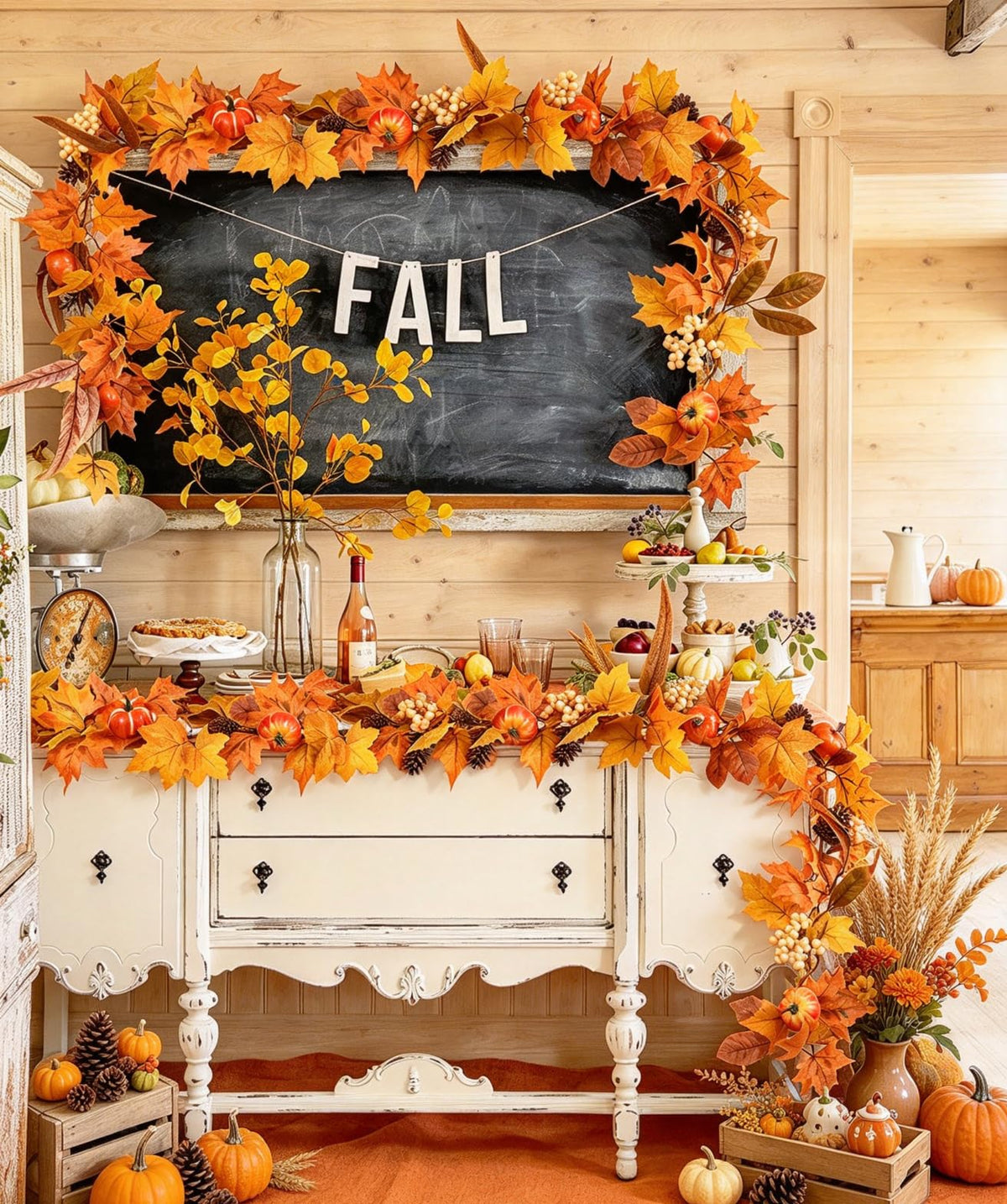 DearHouse 2 Pack Fall Garland Maple Leaf, 5.9Ft/Piece Hanging Vine Garland Artificial Autumn Foliage Garland Thanksgiving Decor for Home Wedding Fireplace Party Christmas (Green)