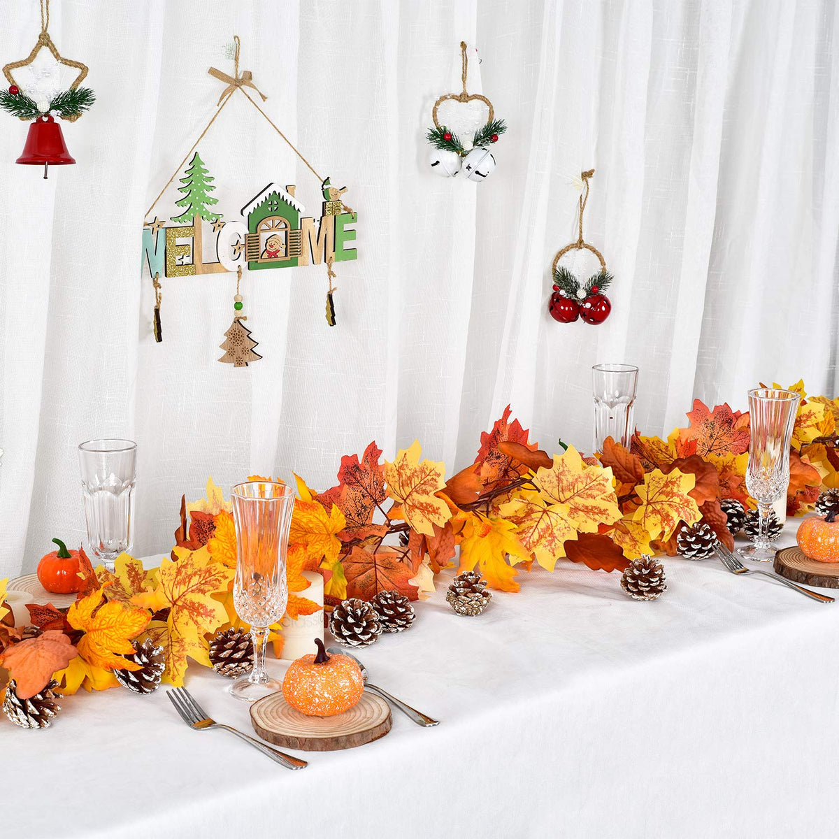 DearHouse 2 Pack Fall Garland Maple Leaf, 5.9Ft/Piece Hanging Vine Garland Artificial Autumn Foliage Garland Thanksgiving Decor for Home Wedding Fireplace Party Christmas (Green)