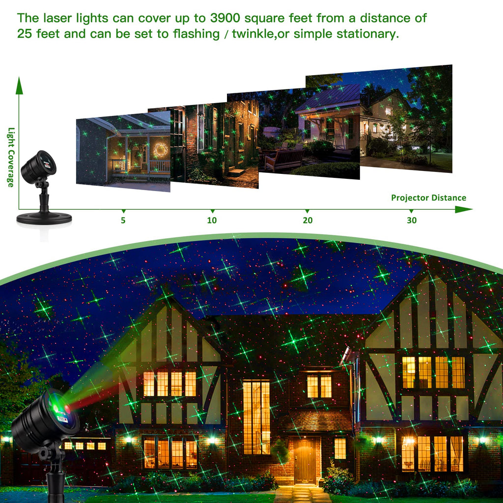 Christmas Laser Lights, Projector Lights Landscape Spotlight Red and Green Star Show with Christmas Decorative Patterns for Indoor Outdoor Garden Patio Wall