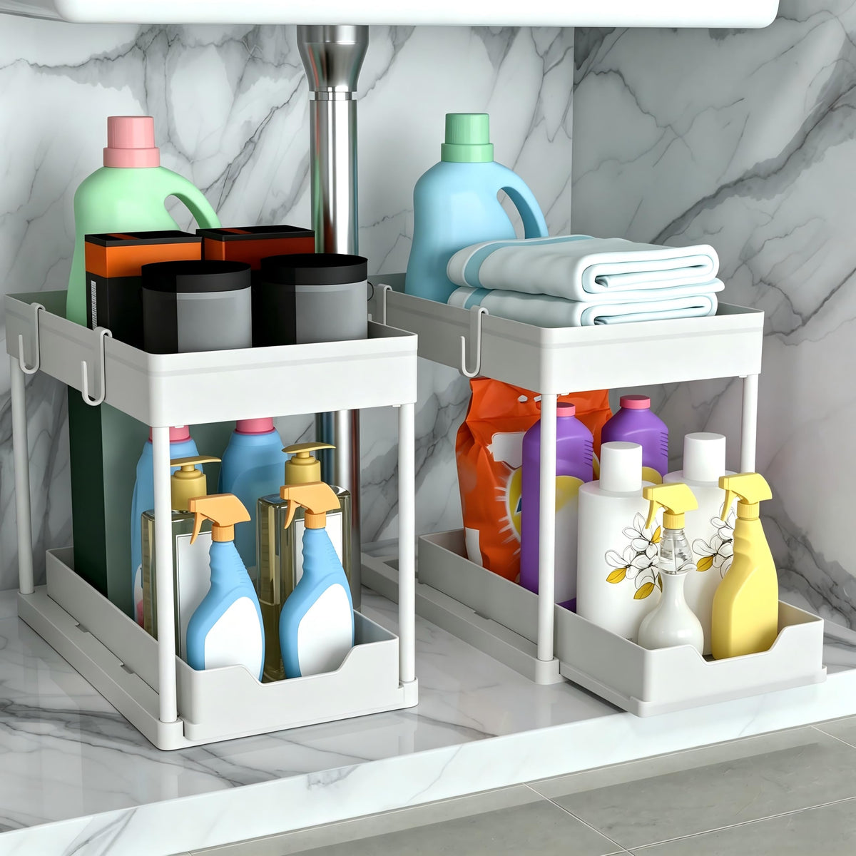 DEKAVA Under Sink Organizer 2 Pack, Bathroom Cabinet Organizer, 2 Tier Sliding Cabinet Basket Organizer Drawer, Multi-Purpose Bath Collection Baskets for Bathroom (Black)