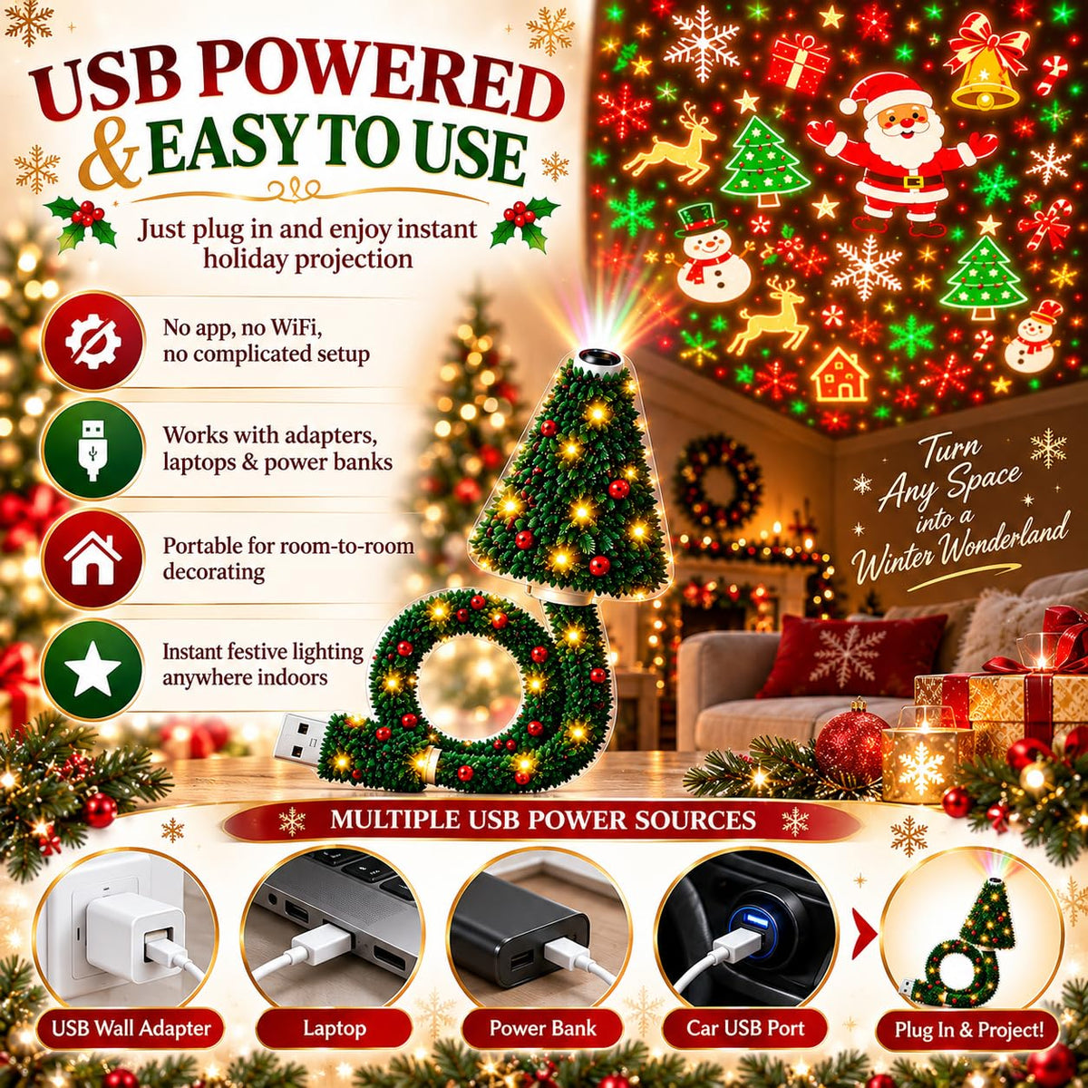 2027 New Christmas Projector Light, USB Powered Christmas Ceiling Projector