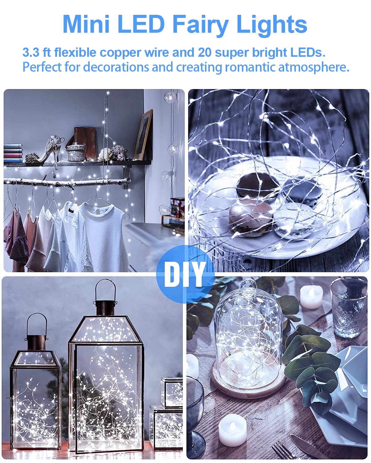 20 Pack Fairy Lights Battery Operated, 3.3ft 20 LED Mini String Lights Twinkle Lights Copper Wire Firefly Starry Lights for Mason Jars Wedding Party Christmas Centerpiece Table Decorations, Warm White