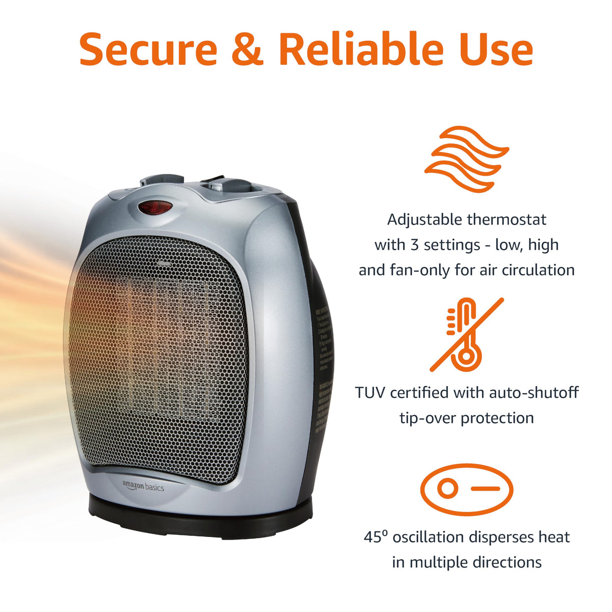 Amazon Basics Ceramic Space Heater, Portable Indoor Heating Solution, With Overheat and Tip-Over Protection, Thermostat, Non-Oscillating, 1500W, 7.52"D x 6.34"W x 9.45"H, Black