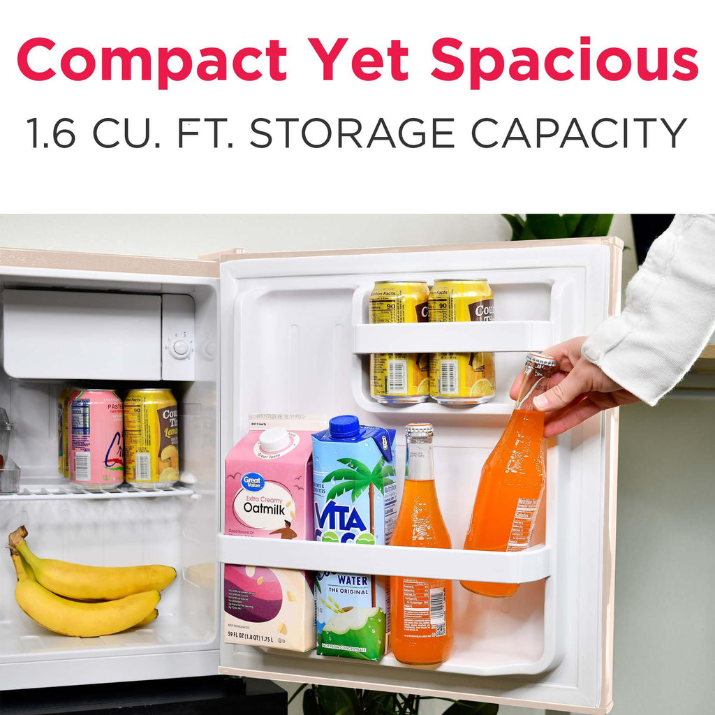 Frigidaire Retro Compact Fridge with Chiller, Countertop, Built-in Bottle Opener, Compact Refrigerator 1.6 cu ft, Mini Fridge for Office, Bedroom, Dorm Room or Cabin - 16" D x 18" W x 18.5" H (White)