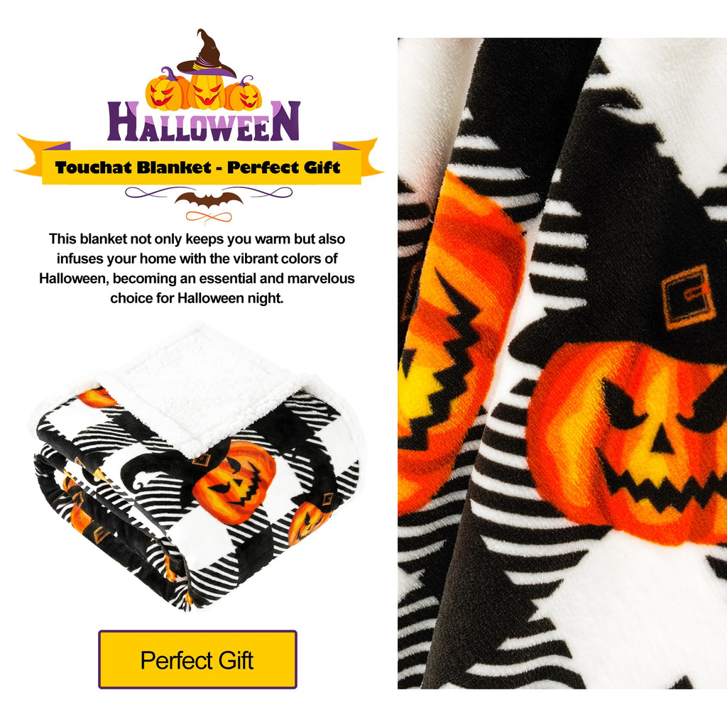 Touchat Halloween Blanket Twin Size 60" X 70"，Fall Autumn Harvest Sherpa Fuzzy Fluffy Soft Cozy Blankets, Fleece Flannel Plush Microfiber Throw for Couch Bed Sofa, Halloween Decor (Orange)