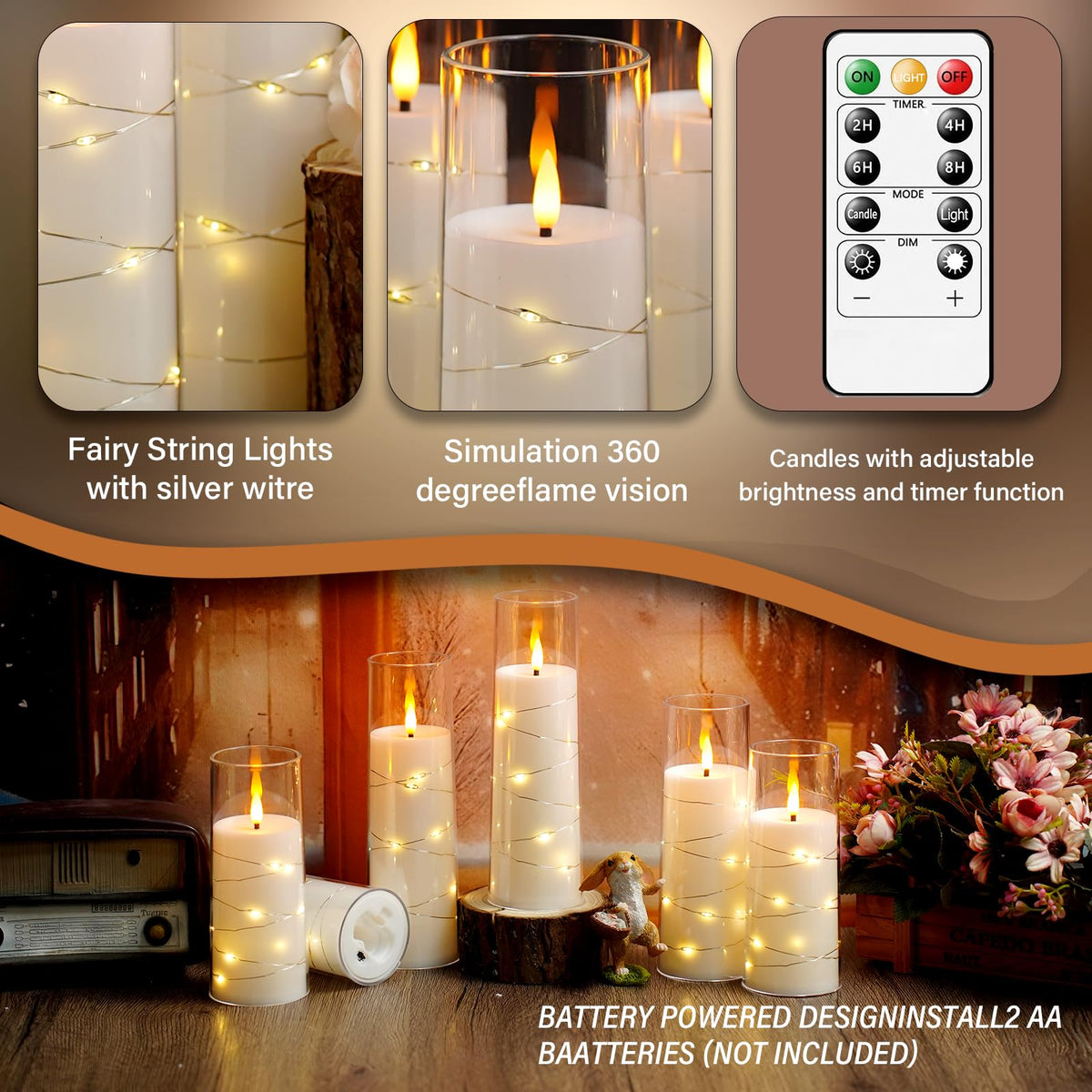 kakoya Flameless LED Candles with Timer 5 Pc Flickering Flameless Candles for Romantic Ambiance and Home Decoration Stable Acrylic Shell,with Embedded Star String，Battery Operated Candles（Grey）