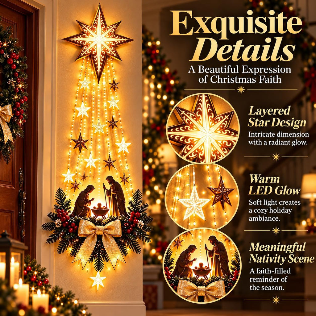 2027 New Bethlehem Star of Faith Lighted Nativity Wall Decor, Lighted Nativity Wall Decor, Led Bethlehem Star of Faith with Holy Family Scene And Warm Lights for Home, Fireplace & Entryway，1pc