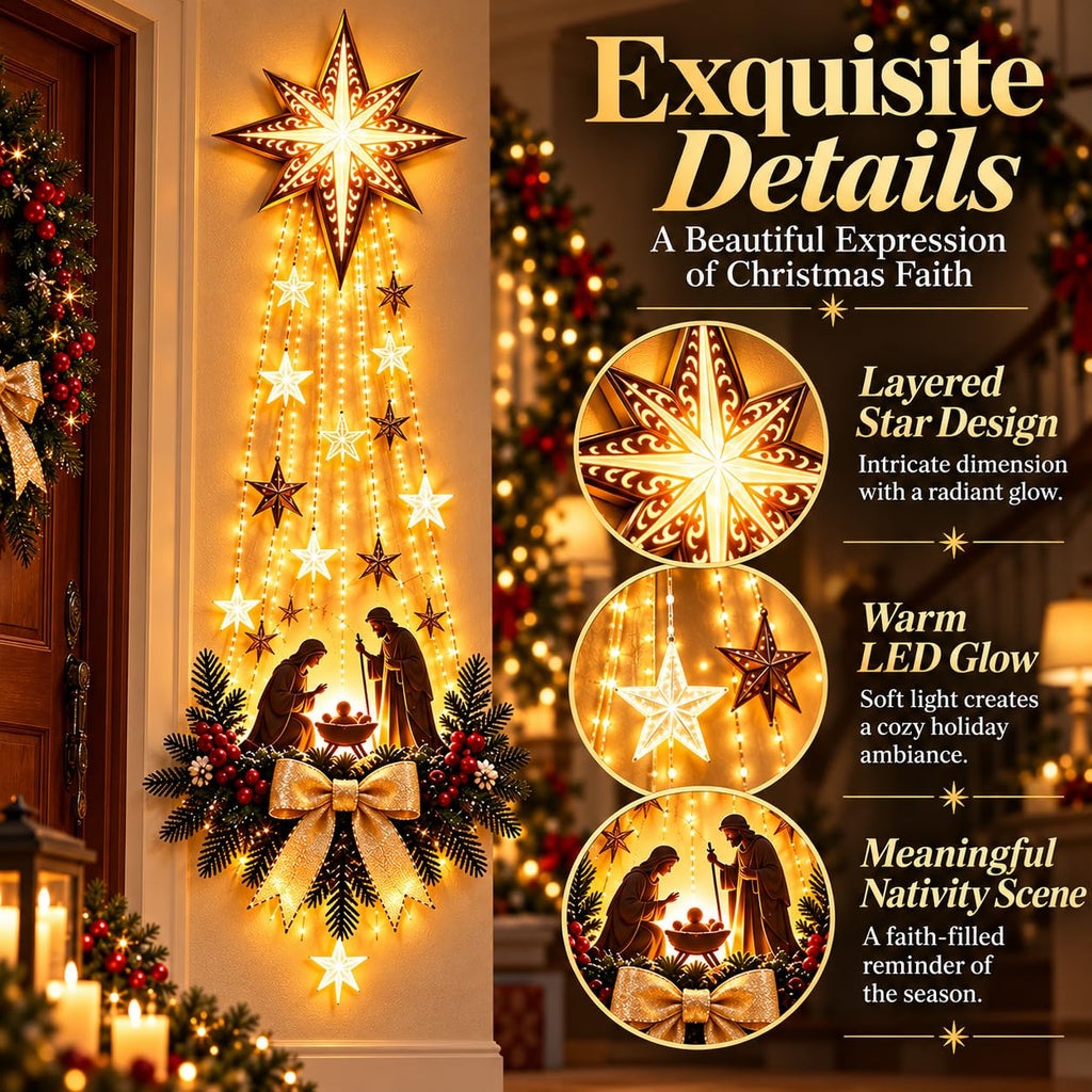 2027 New Bethlehem Star of Faith Lighted Nativity Wall Decor, Lighted Nativity Wall Decor, Led Bethlehem Star of Faith with Holy Family Scene And Warm Lights for Home, Fireplace & Entryway，1pc
