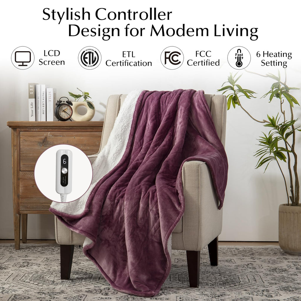 SNUGSUN Heated Blanket Throw Size, Soft and Cozy Electric Heating Blanket for Bed, Automatic Safety System 6 Heating Levels & 4 Hours Auto-Off Gift for Grandma,50" x 60" London Grey
